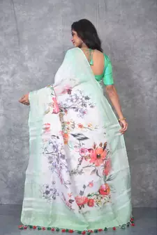 multicolor Handloom Linen digital print sarees