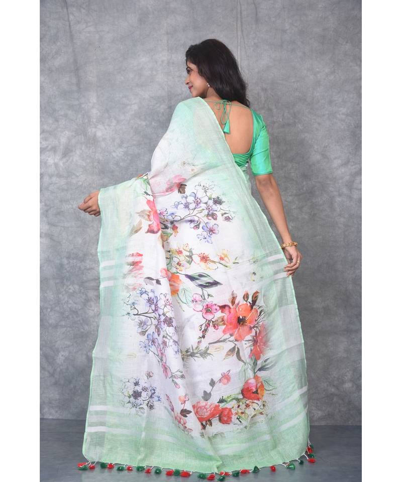 multicolor Handloom Linen digital print sarees