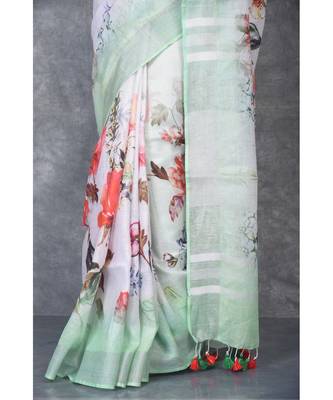 multicolor Handloom Linen digital print sarees 4