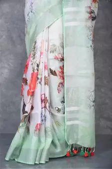 multicolor Handloom Linen digital print sarees