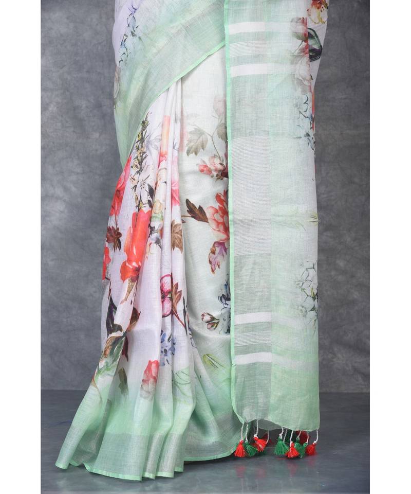 multicolor Handloom Linen digital print sarees