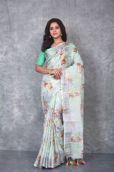 multicolor Handloom Linen digital print sarees