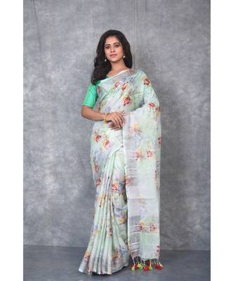 multicolor Handloom Linen digital print sarees 1