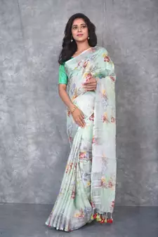multicolor Handloom Linen digital print sarees