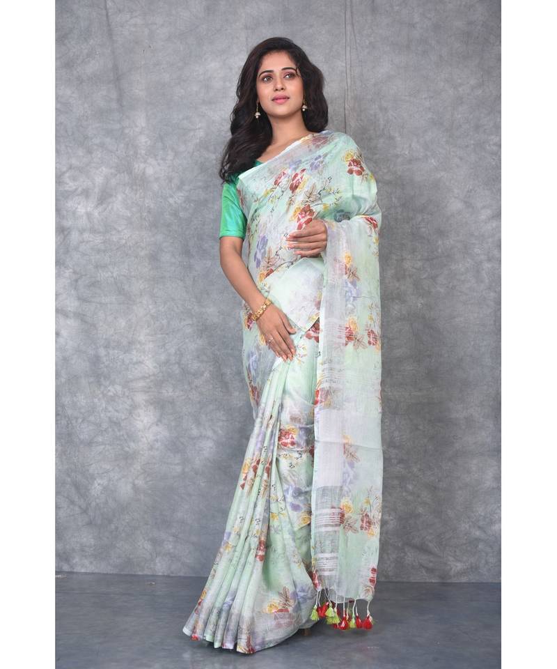 multicolor Handloom Linen digital print sarees