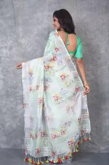 multicolor Handloom Linen digital print sarees