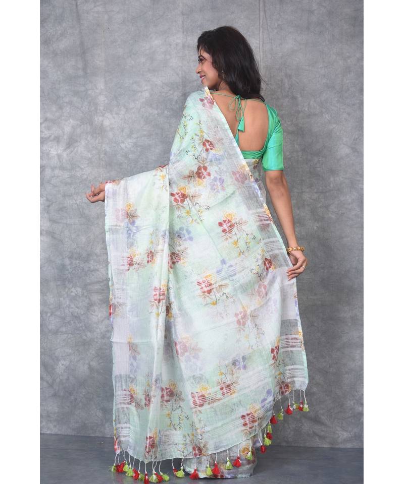 multicolor Handloom Linen digital print sarees