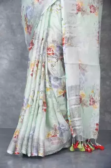 multicolor Handloom Linen digital print sarees