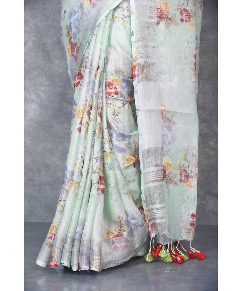 multicolor Handloom Linen digital print sarees