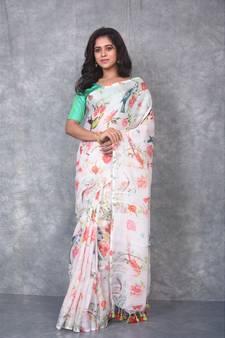 multicolor Handloom Linen digital print sarees