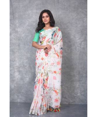 multicolor Handloom Linen digital print sarees 1
