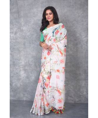 multicolor Handloom Linen digital print sarees 2