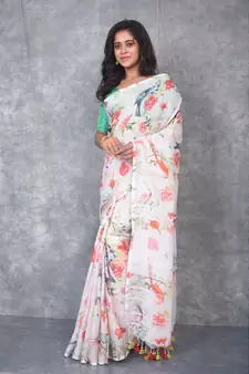 multicolor Handloom Linen digital print sarees