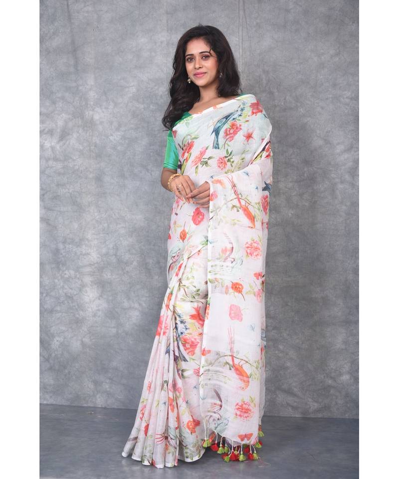 multicolor Handloom Linen digital print sarees