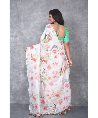 multicolor Handloom Linen digital print sarees 3