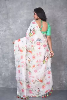 multicolor Handloom Linen digital print sarees