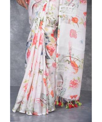 multicolor Handloom Linen digital print sarees 4