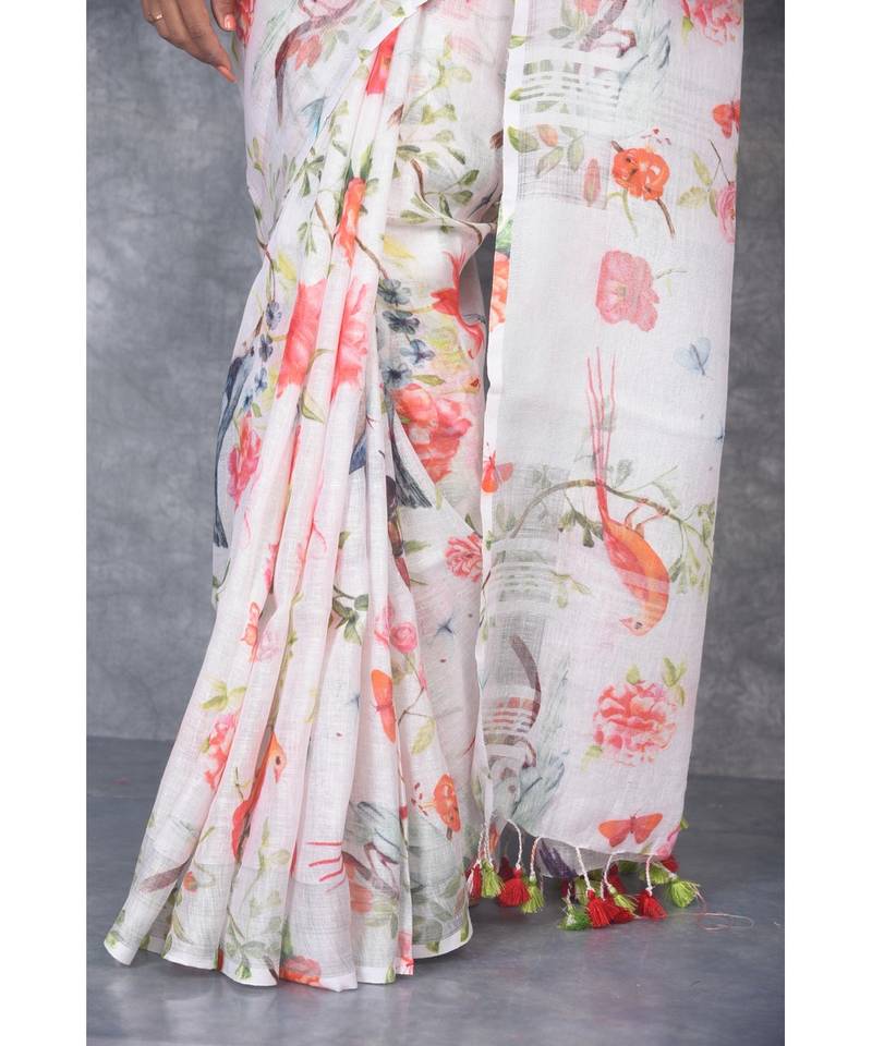 multicolor Handloom Linen digital print sarees