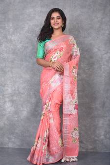multicolor Handloom Linen digital print sarees
