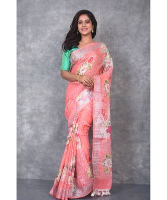 multicolor Handloom Linen digital print sarees 1