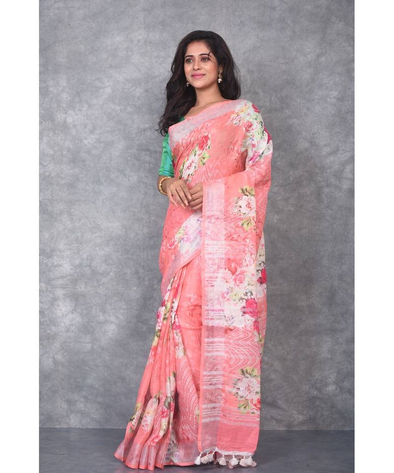 multicolor Handloom Linen digital print sarees