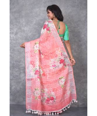 multicolor Handloom Linen digital print sarees 3