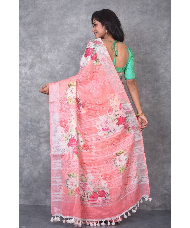 multicolor Handloom Linen digital print sarees