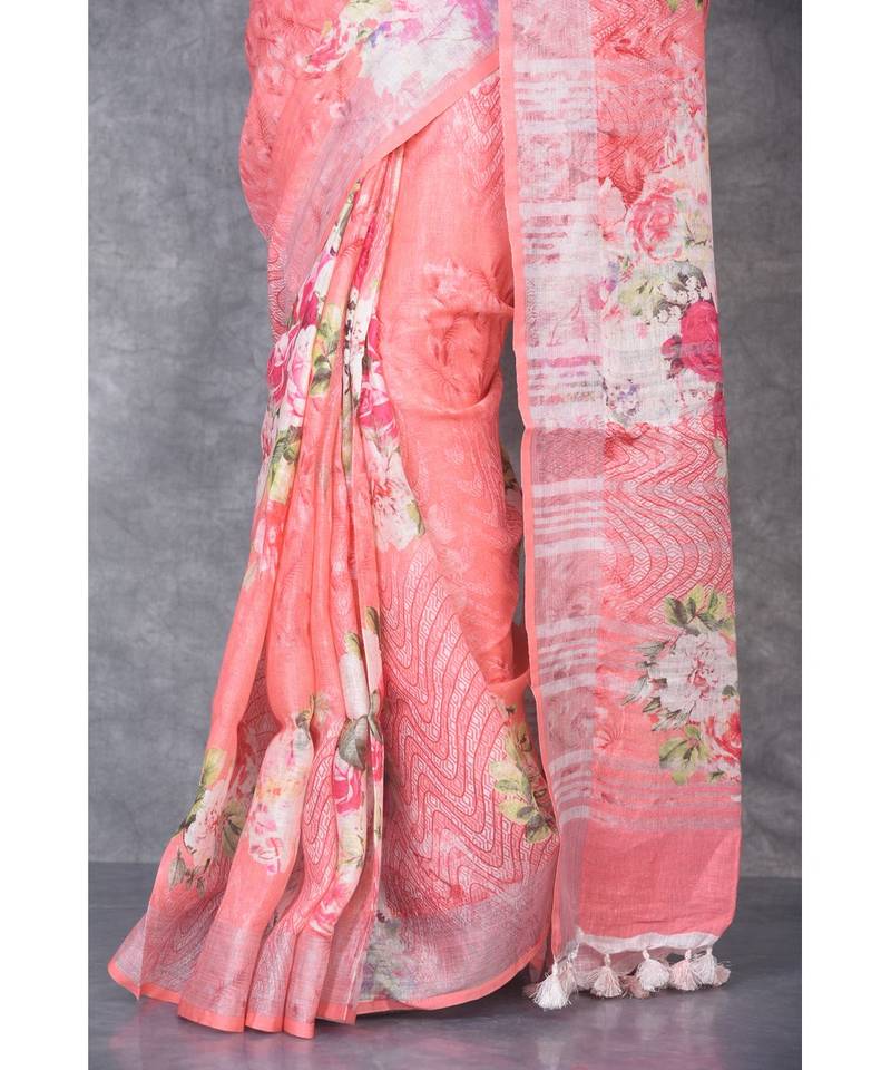 multicolor Handloom Linen digital print sarees