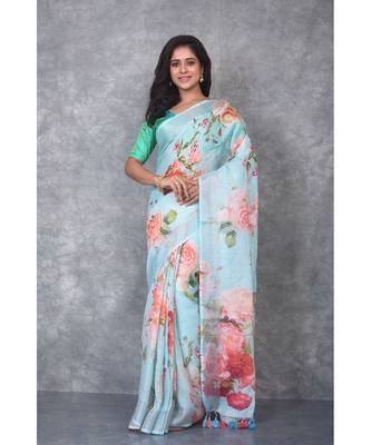 multicolor Handloom Linen digital print sarees 1