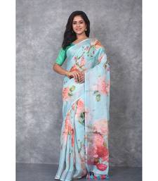 multicolor Handloom Linen digital print sarees
