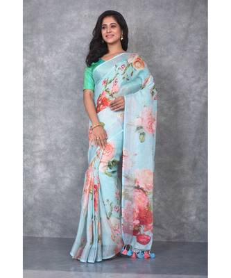 multicolor Handloom Linen digital print sarees 2