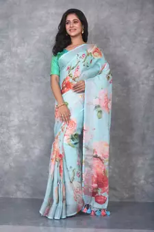 multicolor Handloom Linen digital print sarees