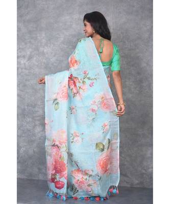 multicolor Handloom Linen digital print sarees 3