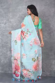 multicolor Handloom Linen digital print sarees