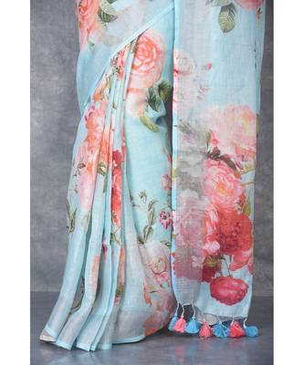 multicolor Handloom Linen digital print sarees 4