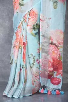 multicolor Handloom Linen digital print sarees