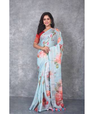 multicolor Handloom Linen digital print sarees 1
