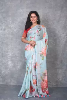 multicolor Handloom Linen digital print sarees