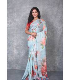 multicolor Handloom Linen digital print sarees