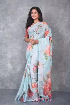 multicolor Handloom Linen digital print sarees