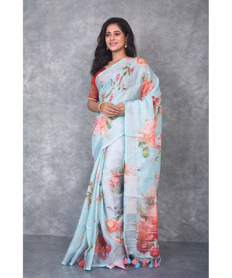 multicolor Handloom Linen digital print sarees