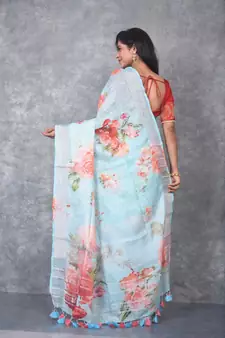 multicolor Handloom Linen digital print sarees