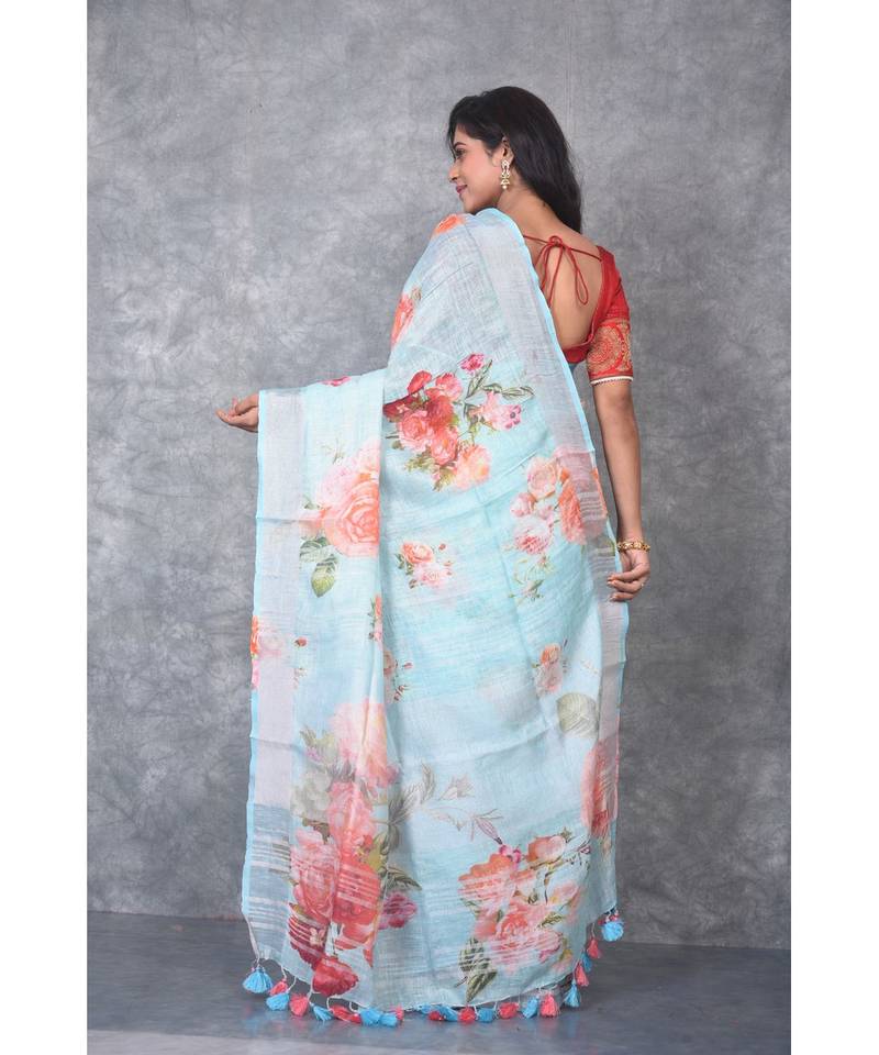 multicolor Handloom Linen digital print sarees
