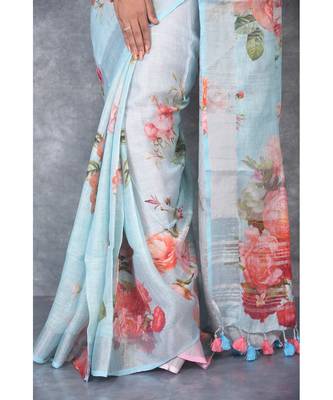 multicolor Handloom Linen digital print sarees 4