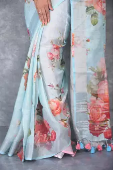 multicolor Handloom Linen digital print sarees