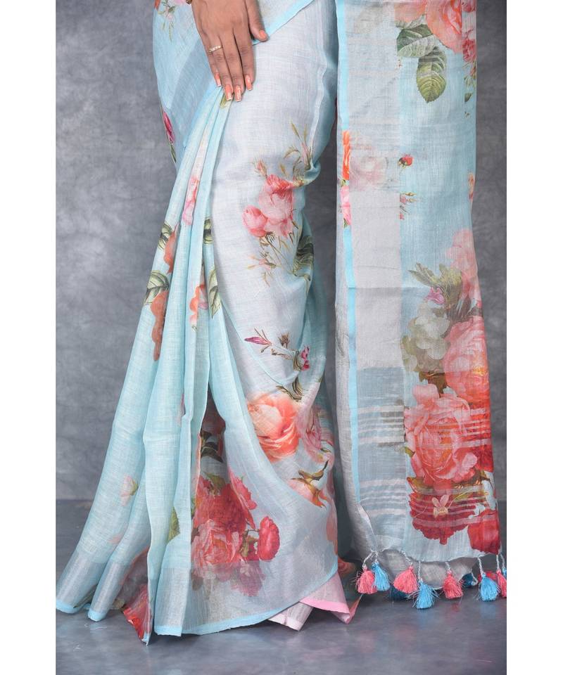multicolor Handloom Linen digital print sarees