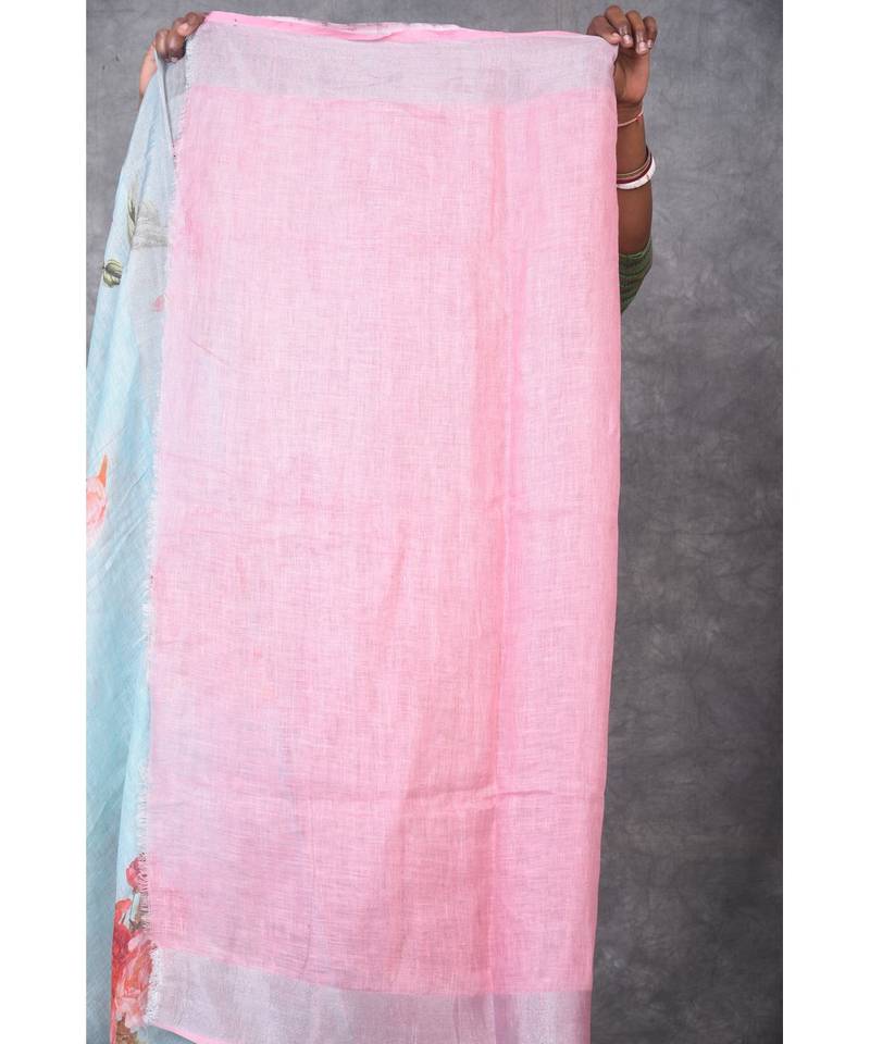 multicolor Handloom Linen digital print sarees