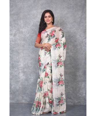 multicolor Handloom Linen digital print sarees 1