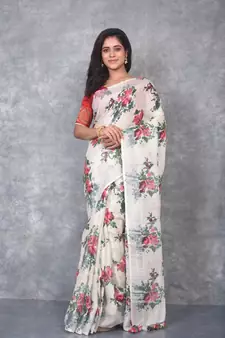 multicolor Handloom Linen digital print sarees