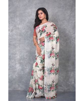 multicolor Handloom Linen digital print sarees 2